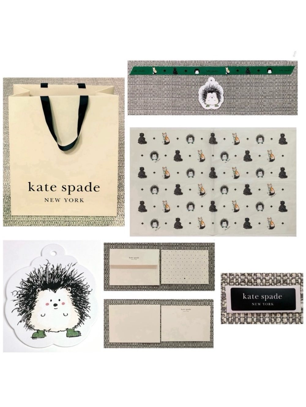 New Kate Spade Hedgehog Tag/Tissue/Bag/Sticker/Ribbon/Blank Card+Envelope Set